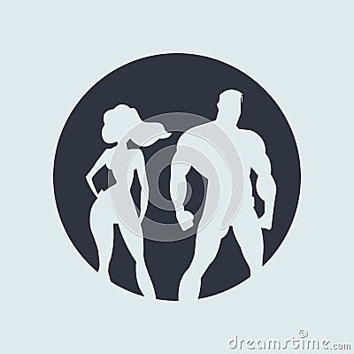 Superhero Couple. silhouette man and woman superheroes. vector illustration in round dark color Vector Illustration