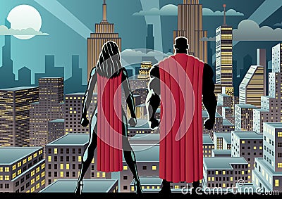 Superhero Couple Watch Night Vector Illustration