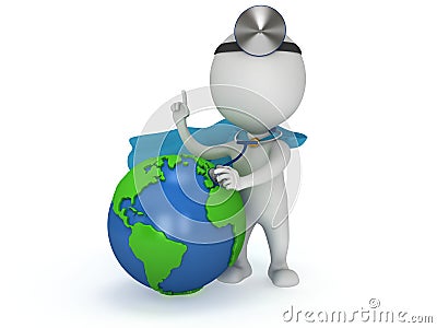 Superhero Doctor with earth globe. World health day concept. Cartoon Illustration