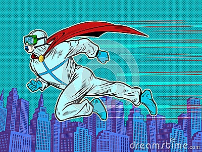 Superhero doctor man in protective suit flying over the city, epidemic Vector Illustration