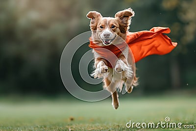 Superhero dog jumping and flying on green background with copy space. The image is generated with the use of an AI. Stock Photo