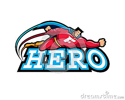 Superhero flying above hero text Vector Illustration