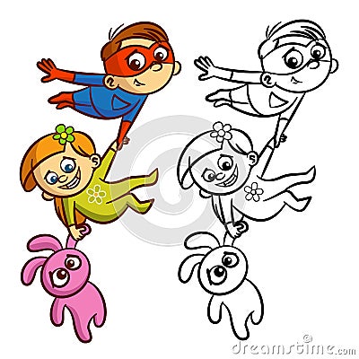 Superhero Flying Boy Rescuer Coloring Book. Comic character isolated on white background Vector Illustration