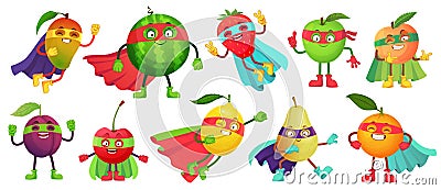 Superhero fruit. Super apple, berry and orange in hero cloak costume. Garden superheroes healthy food cartoon vector Vector Illustration