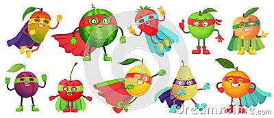 Superhero fruit. Super apple, berry and orange in hero cloak costume. Garden superheroes healthy food cartoon vector illustration Vector Illustration