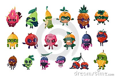 Superhero fruits. Funny fresh superfood in masks and cape, funny cartoon organic food in colorful hero costume. Vector Vector Illustration