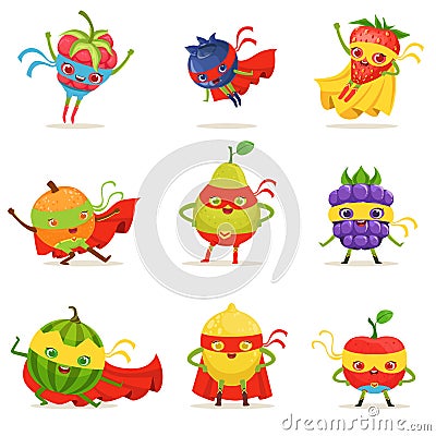 Superhero Fruits In Masks And Capes Set Of Cute Childish Cartoon Humanized Characters In Costumes Vector Illustration