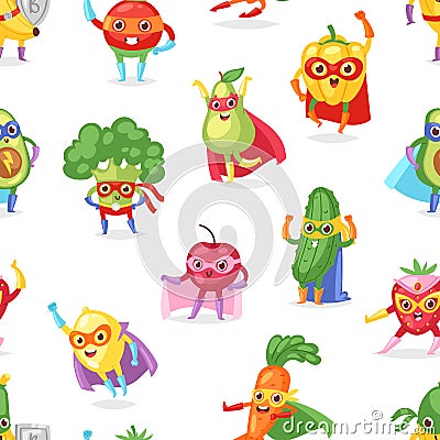 Superhero fruits vector fruity cartoon character of super hero expression vegetables with funny banana carrot or pepper Vector Illustration