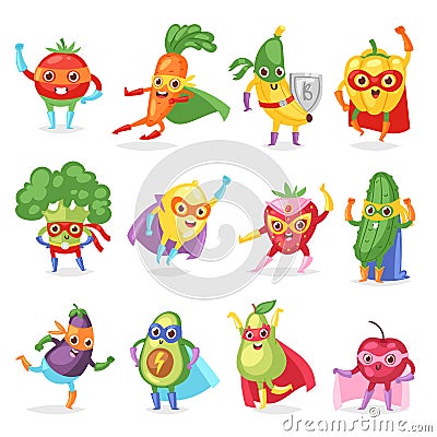 Superhero fruits vector fruity cartoon character of super hero expression vegetables with funny banana carrot or pepper Vector Illustration