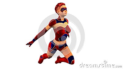 Superhero Girl flying in red and blue costume, fantasy redhead girl on white Stock Photo