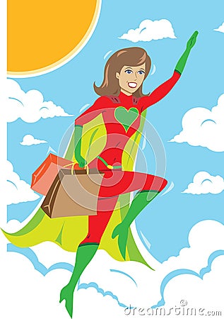 Superhero girl flying with shopping bags Vector Illustration