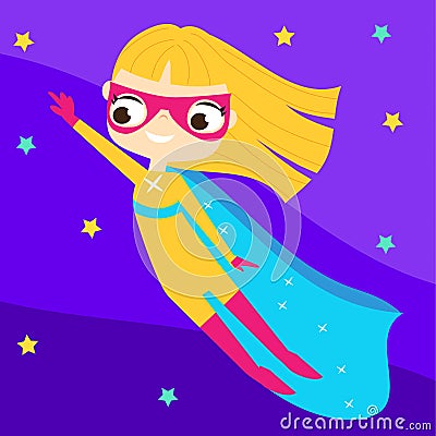 Superhero girl. Super kid. Child wearing fantasy costume fly in night sky Vector Illustration