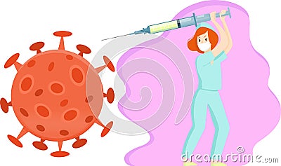 Superhero girl with a vaccine in her hands fights the virus Vector Illustration