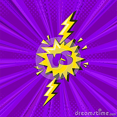 Superhero halftoned background with lightning. Square comic design with vs letters and yellow flash. Vector illustration Vector Illustration