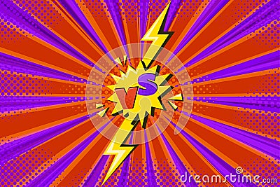 Superhero halftoned background with lightning. Violet and orange versus comic design with yellow flash. Vector Vector Illustration