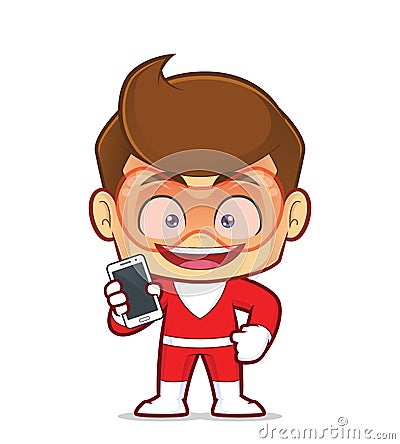 Superhero holding smartphone Vector Illustration