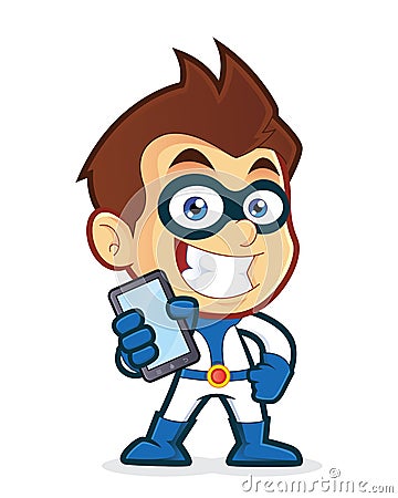 Superhero holding smartphone Vector Illustration