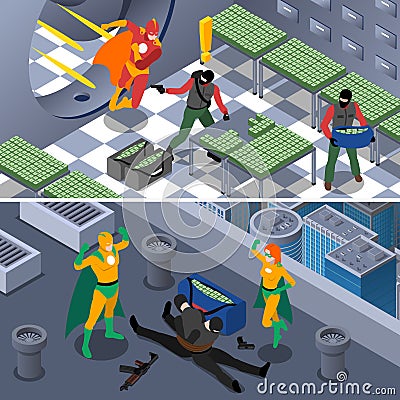 Superhero Isometric Banners Set Vector Illustration