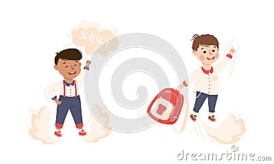 Superhero Kid at School Flying Forward Achieving Goal and Gaining Knowledge Vector Set Vector Illustration
