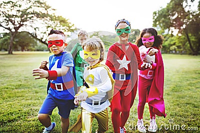 Superhero Kids Aspiration Imagination Playful Fun Concept Stock Photo