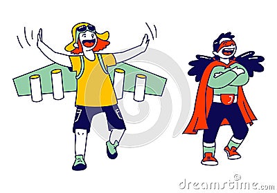 Superhero Kids Characters Rejoice and Having Fun. Little Boy Wearing Pilot Costume with Wings and Girl in Red Cape Vector Illustration