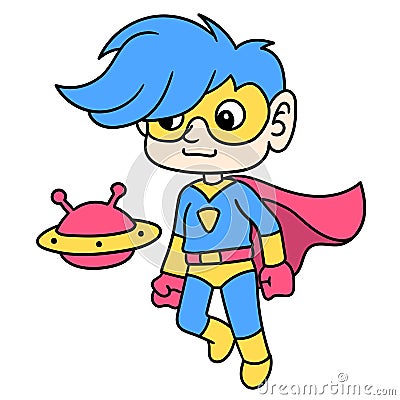 Superhero kids fly with the UFO alien plane, doodle icon image kawaii Vector Illustration