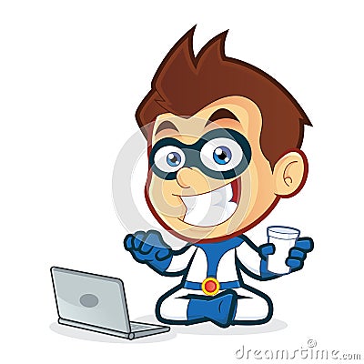 Superhero with Laptop Vector Illustration