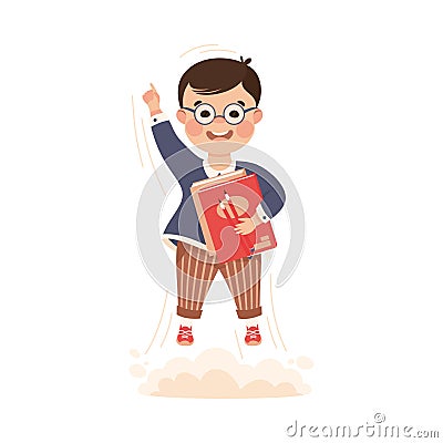 Superhero Little Boy at School Flying Up with Books Achieving Goal and Gaining Knowledge Vector Illustration Vector Illustration