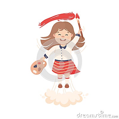 Superhero Little Girl at School Flying Up with Brush and Palette Achieving Goal and Gaining Knowledge Vector Vector Illustration