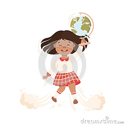 Superhero Little Girl at School Flying Up with Globe Achieving Goal and Gaining Knowledge Vector Illustration Vector Illustration