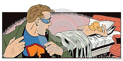 Superhero looks back for sleeping woman. Stock illustration. Vector Illustration