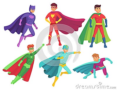 Superhero man characters. Cartoon muscular hero character in colorful super costume with waving cloak. Flying Vector Illustration