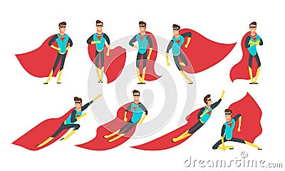 Superhero man in different poses. Cartoon superheroes vector comic characters set Vector Illustration