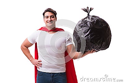 The superhero man with garbage sack isolated on white Stock Photo