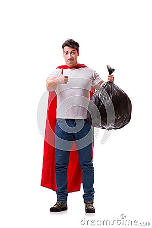 The superhero man with garbage sack isolated on white Stock Photo