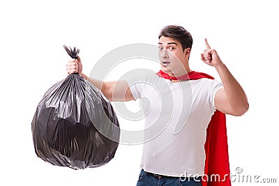 The superhero man with garbage sack isolated on white Stock Photo