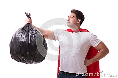 The superhero man with garbage sack on white Stock Photo