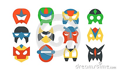 Superhero mask set and power hero person costume. Super comic character face sign vector illustration. Powerful head avatar and Vector Illustration