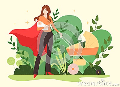 Superhero mom, strong young woman wearing red cape, holding baby, pushing stroller Vector Illustration