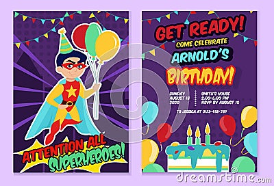 Superhero party festive template with cute boy Vector Illustration