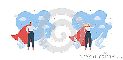 Superhero people character concept. Vector flat male and female people illustration set. Man and woman super hero in red cape Vector Illustration