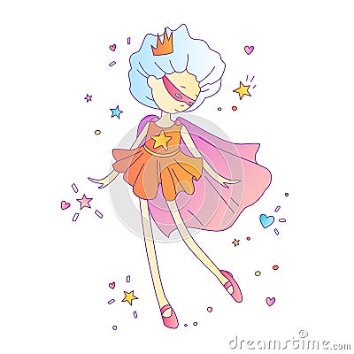 Superhero princess, little teen girl as a superhero vector cartoon illustration with gradients. Super hero girl running Vector Illustration