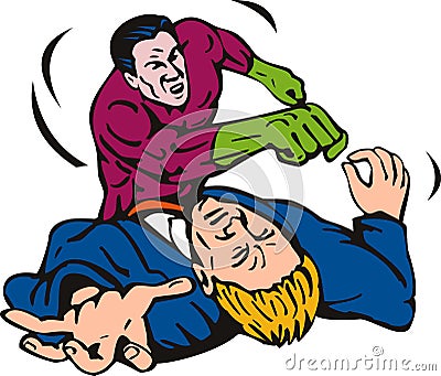 Superhero punching bad guy Cartoon Illustration