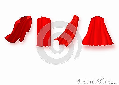 Superhero red cape in different positions, front, side and back view on white background Vector Illustration