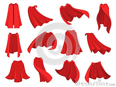 Superhero red cape. Scarlet fabric silk cloak in different position, front back and side view. Mantle costume, magic Vector Illustration