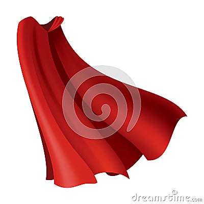 Superhero red cape. Scarlet fabric silk cloak in front view. Carnival masquerade dress, realistic costume design. Flying Vector Illustration