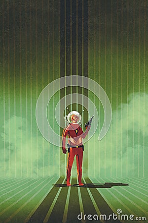 Superhero in red suit holding gun Cartoon Illustration