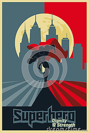 Superhero run from the city. Blue and red graphic poster. Vector Illustration
