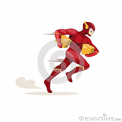 Superhero running carrying package courier express delivery service mascot symbol. cartoon flat illustration vector isolated in wh Vector Illustration