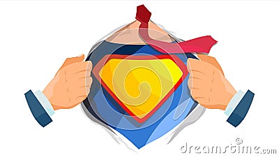 Superhero Sign Vector. Super Hero Open Shirt With Shield Badge. Place For Text. Isolated Flat Cartoon Comic Illustration Vector Illustration